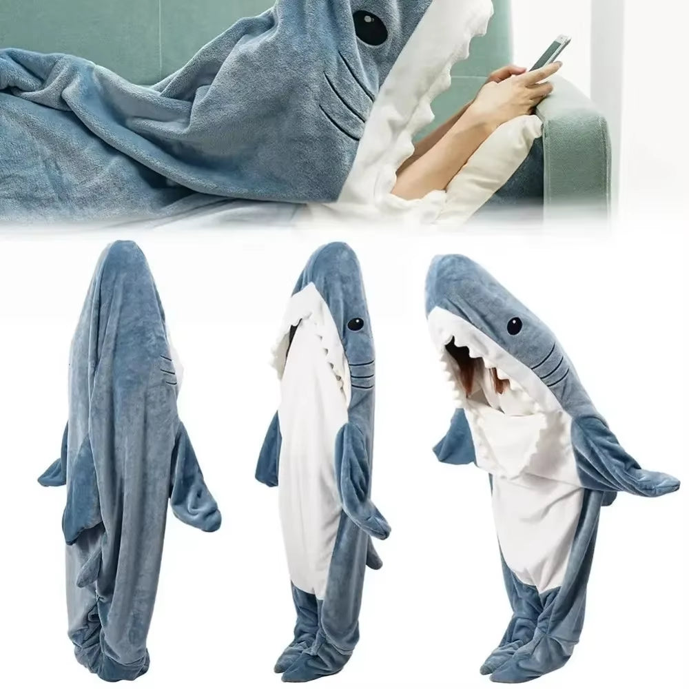 Shark Blanket Adult Cartoon Sleeping Bag Pajama Hooded Warm Flannel Funny Homewear Shark Onesie Sleeping Bag Winter Warm Blanket